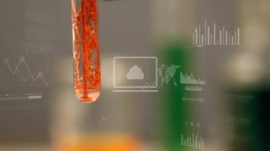 Test tüpüne giren kırmızı filament, duman oluşturan ayıraç, çalkalama, bilgi grafikleri karıştırma. Laboratuvar, cam eşyalar, kimya, veriler, grafikler, görselleştirme, sinematik