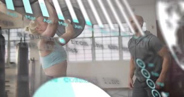 Halter temizleme ve baskı yapan bayan sporcu, jimnastik koçu, turkuaz kaplama kılavuz formu. Ağırlık kaldırma, güç, temsilci, eğitmen, fitness, genel giderler, eğitim