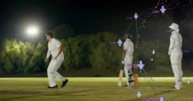 Bowling topu kriket sahasında, ışıkların altında, takım koşuyor, mor kaplama istatistikleri gösteriyor. Gece, tarla, çimen, kutlama, sopa, kale, eldiven