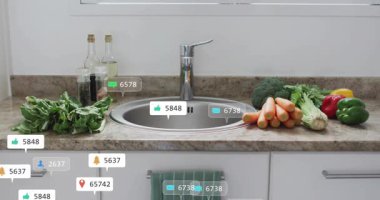 Merkez batıyor ve sayaç beğenileri alıyor, rozetler büyüyor, istifleniyor, istatistikleri gösteriyor. Mutfak, havuz, musluk, mermer, yeşiller, havuç, brokoli.