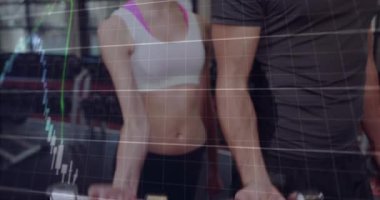 Erkek ve kadın partnerler spor salonunda bukleleri başlatıyor, finans çizelgesini takip ediyorlar. Spor, spor, spor, spor, ağırlık, pazı, üst üste, dinamik