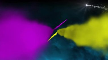 Magenta sarı bulutları ekran dışına giriyor, çarpışıp pullara karışıyor ve nebula karını oluşturuyor. Kozmik, soyut, renkli, parçacıklar, animasyon, yıldız alanı, hareket