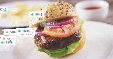 İlk olarak, bilgilendirme simgeleri ortaya çıkıyor, hamburgerin üzerine yığılıyor, sosyal havayı gösteriyor. Hamburger, kaplama, kaplama, kaplama, animasyon, restoran, yemek