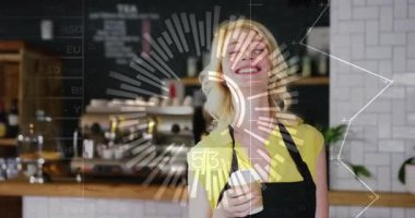 Barista poz verir, bardağı tezgahta indirirken HUD grafiği bardağın etrafında belirir, satışları takip eder. Kahve, kahve, personel, önlük, enerji, analitik, promosyon.