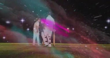 Vurucu kırışıkta kayıyor, yüzyüze atış yapmaya hazırlanıyor kriket kalesinde koşmaya başlıyor, nebula süpürme. Hakem, saha oyuncusu, kampanya, kozmik, parıltı, spor, zift