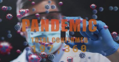 PANDEMIC TOTAL sayısının artması ve 3 boyutlu virüslerin yüzeye yayılması gibi erkek teknisyen denetim tüpü. Laboratuvar, araştırmacı, eldiven, gözlük, işçi önlüğü, örnek, virüs.