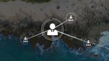 Kullanıcı simgesi görünüm merkezini bağla, çizgiler ve büyüyen düğümler gönder, sahil üzerindeki iş bağlantılarını haritala. Ağ, bağlantı, işbirliği, hiyerarşi, organizasyon, siluetler, soyut
