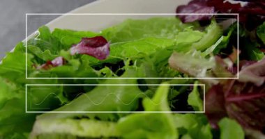 HUD başlangıç rakamlarında zayıflıyor ve salata kasesinin üzerinde dalgalanma var. Kamera analiz için çatal gösteriyor. Yeşiller, marul, mor, yapraklar, seramik, bulaşık takımı, mutfak.