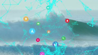 Turkuaz ağ dalgaların üzerinde beliriyor, simgeleri gök mavisi postasına doğru atıyor ve birbirine bağlıyor, akışı gösteriyor. Ağ, bağlantı, okyanus, deniz manzarası, dinamik, geleceksel, gün ışığı