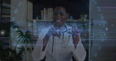 Forming heart gesture female doctor showing telemed in clinic, wearing white coat, stethoscope, HUD. Telemedicine, holographic, augmented, medical, care, professional, workspace