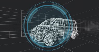 HUD halkalarıyla sanal CAD çalışma alanında dönen kablolama SUV modeli hazırlanıyor. Fütürist, dijital, 3d, mühendislik, geometri, daireler, perspektif