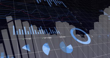 Eğimli şebeke düzleminde 3D veri paneli oluşturuluyor, gri çubuklar, mavi pasta veya çörek ve çizgi grafikleri gösteriliyor. Görselleştirme, analiz, bilgi, finans, arayüz, fütüristik, parlak