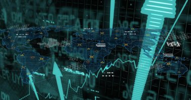 Sanal gösterge panelinde şekillendirilmiş dünya haritası gösteriliyor, altıgen kümeleri, üç boyutlu oklar, noktalı tablolar gösteriliyor. Küre, coğrafi, arayüz, panel, ekran, ızgara, neon