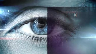 Dijital arayüzü ve verisi animasyonu kapsayan insan gözünün yakın çekimi. Teknoloji, fütüristik, yenilik, analitik, siber uzay, biyometrik