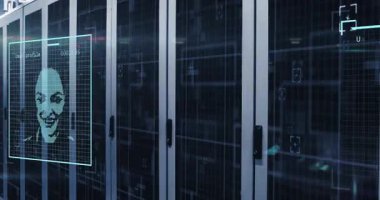 Bilgisayar sunucu odasında profil simgelerini ve ışık noktalarını değiştirme animasyonu. Küresel ağ ve iş veri depolama teknolojisi kavramı