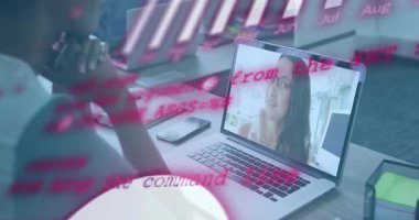 Uzaktan sunucu dizüstü bilgisayarda el kol hareketi, dinleyici eğilimi, iş görüşmelerini kapsayan eflatun çizelgeler. Sanal, toplantı, işbirliği, profesyonel, ofis, masa, bilgi