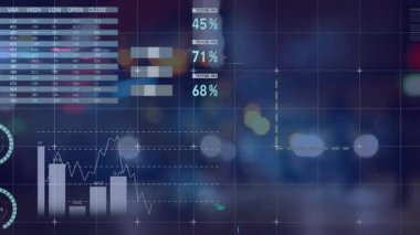Odak ışıkları dışında istatistik ve veri işleme animasyonları. Küresel veri işleme ve bağlantılar konsepti dijital olarak oluşturulmuş video.