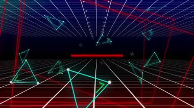 Mavi ve kırmızı dijital alanda hareket eden üçgenlerin animasyonu. dijital alan ve hareket konsepti dijital olarak oluşturulmuş video.