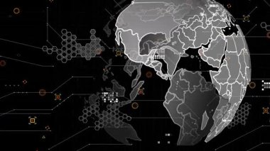 Veri işleme animasyonunun siyah arka planda dünya üzerinde gerçekleşmesi. Küresel teknoloji ve dijital arayüz konsepti dijital olarak oluşturulmuş video.