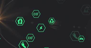 Golden light emitting rays, neon green icons drifting along orbits, showing environmental network. Sustainability, digital interface, futuristic, data visualization, technological, eco-friendly, animated