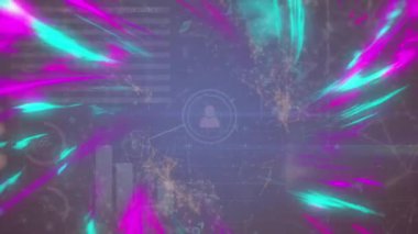 Mavi arka planda hareket eden şekillerin taranması. Küresel iletişim ağı ve çevrimiçi alışveriş konsepti dijital olarak oluşturulmuş video.