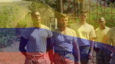 Animation of flag of columbia over diverse male soldiers during training. army, defense and patriotism concept digitally generated video.