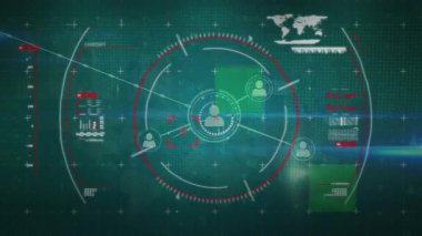 Yeşil arkaplanda profil simgeleri ve veri işleme ağı üzerinden tarama alanının animasyonu. Küresel ağ ve iş arayüzü teknolojisi kavramı
