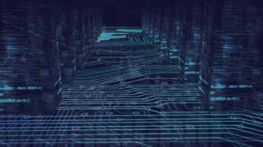 Noktaları birleştirerek veri işleme animasyonu, sunucu odasındaki dijital arayüzdeki hud elementler. Dijital bileşik, yapay zeka, iletişim, bulut hesaplama, teknoloji, kodlama.