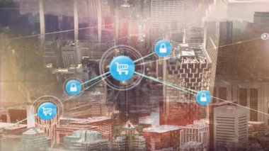 Şehir manzarası üzerindeki bağlantı ve tarama ağının animasyonu. Dijital olarak oluşturulan küresel bağlantılar ve veri işleme kavramı.