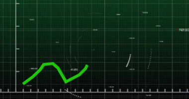 Yeşil hat ve finansal veri işleme animasyonu. Küresel iş, finans, hesaplama ve veri işleme kavramı dijital olarak oluşturulmuş video.