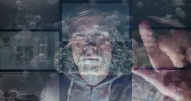 Covid-19 veri işlemesini dijital arayüzde analiz eden çok ırklı insanların animasyonu. Dijital bileşik, salgın, covid-19, sağlık ve tıp, bulut hesaplama, teknoloji, metaevren.