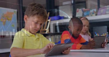 Animation of financial data processing and globe over diverse schoolchildren in class. Global education, computing and data processing concept digitally generated video.
