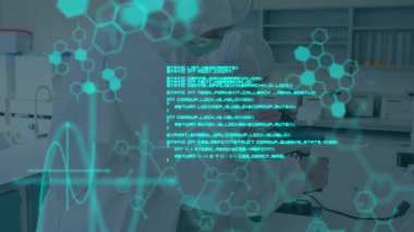 Animation of molecules and data processing over diverse scientists in lab. global science, computing and digital interface concept digitally generated video.