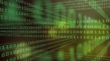 Karanlık arka planda ikili kodlama dijital veri işleme animasyonu. Dijital olarak oluşturulmuş küresel bağlantılar, hesaplama ve veri işleme kavramı.