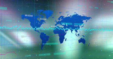 Yükleme mavi dünya haritasında çubukları canlandırma ekseni kaydırma ve eğilimleri gösteren etiketleri gösteren eğilim çizgileri. Küresel, analitik, veri görselleştirme, dijital, infografik, geleceksel, teknoloji