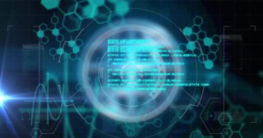 Kapsam taramasında veri işleme animasyonu. küresel iş, finans, bağlantılar ve dijital arayüz konsepti dijital olarak oluşturulmuş video.