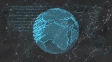 Siyah arkaplan üzerinde bağlı noktaların ve bilgisayar dilinin animasyonu. Dijital olarak üretilen hologram, illüstrasyon, kodlama, programlama dili, küreselleşme ve teknoloji kavramı.