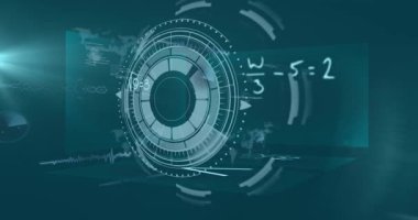 Mavi arkaplan üzerinde dijital arayüz ve veri işleme animasyonu. Dijital olarak oluşturulmuş küresel veri işleme kavramı.