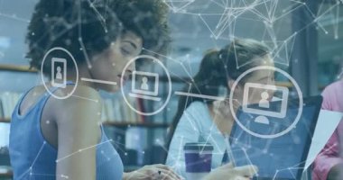 Animation of icons and network of connections over diverse business people in office. Global business, finance, computing and data processing concept digitally generated video.