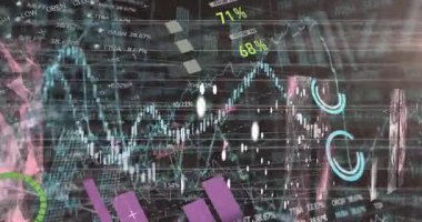 Çok renkli bilgi arayüzünün animasyonu, soyut arkaplanda hareket eden bağlantılı noktalar. Dijital olarak oluşturulmuş, hologram, rapor, finans, ticaret, iletişim ve teknoloji kavramı.