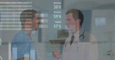 Finansal verilerin ve grafiklerin farklı erkek doktorların konuşmaları üzerine animasyonu. Dijital olarak üretilen tıp ve finans konsepti.