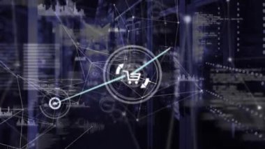 Sunucu odasındaki çizgiler, grafikler ve ses dalgalarıyla bağlantılı simgelerin ve noktaların canlandırılması. Dijital bileşik, çoklu pozlama, iletişim, rapor, finans, teknoloji ve ağ sunucu kavramı.