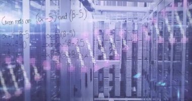 Animation of data processing and dna strand over server room. Global technology and digital interface concept digitally generated video.
