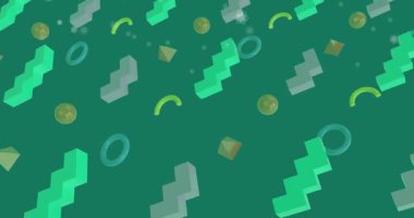 Geometrik elementlerin ön planda kar taneleri düşerken koyu mor bir zeminde dönerek ve dönerek animasyonu.