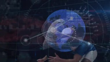 Çeşitli erkek rugby oyuncuları ve veri işleme ile ilgili bağlantıların animasyonu. Spor, eğitim, bağlantılar ve dijital olarak oluşturulan veri işleme konsepti.