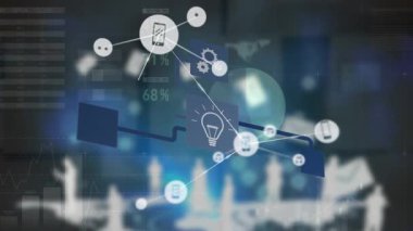 Mavi arkaplan ile dijital simgelerin ve istatistiksel veri işleme ağının animasyonu. Küresel ağ ve iş teknolojisi kavramı