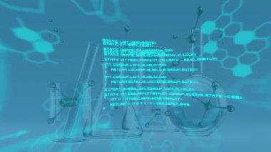 Laboratuvar deney şişeleri üzerinde bilimsel veri işleme animasyonu. Küresel bilim, araştırma, bağlantılar, hesaplama ve veri işleme kavramı dijital olarak oluşturulmuş video.