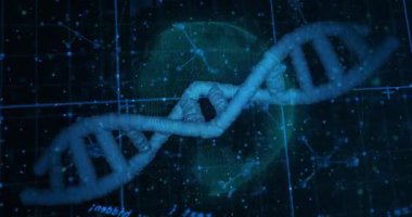 DNA sarmalını başlatma dizisi, veri analizi için kod canlandırması yaparken sürüklenme hareketini maddeleştiriyor. Fütürist, teknoloji, dijital, bilim, moleküler, ağ, veri