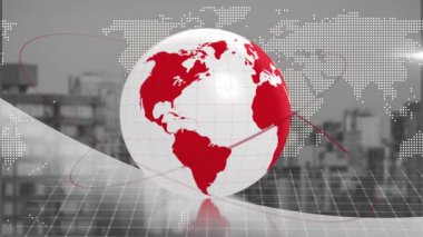 Animation of spinning globe and world map over cityscape. Global business and digital interface concept digitally generated video.