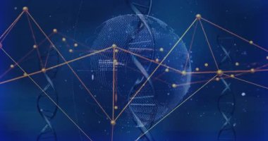 DNA iplikleri ve ağ bağlantıları, dönen dünya üzerinde veri ile birlikte hareket eder. Biyoteknoloji, genetik, küresel, dijital, teknoloji